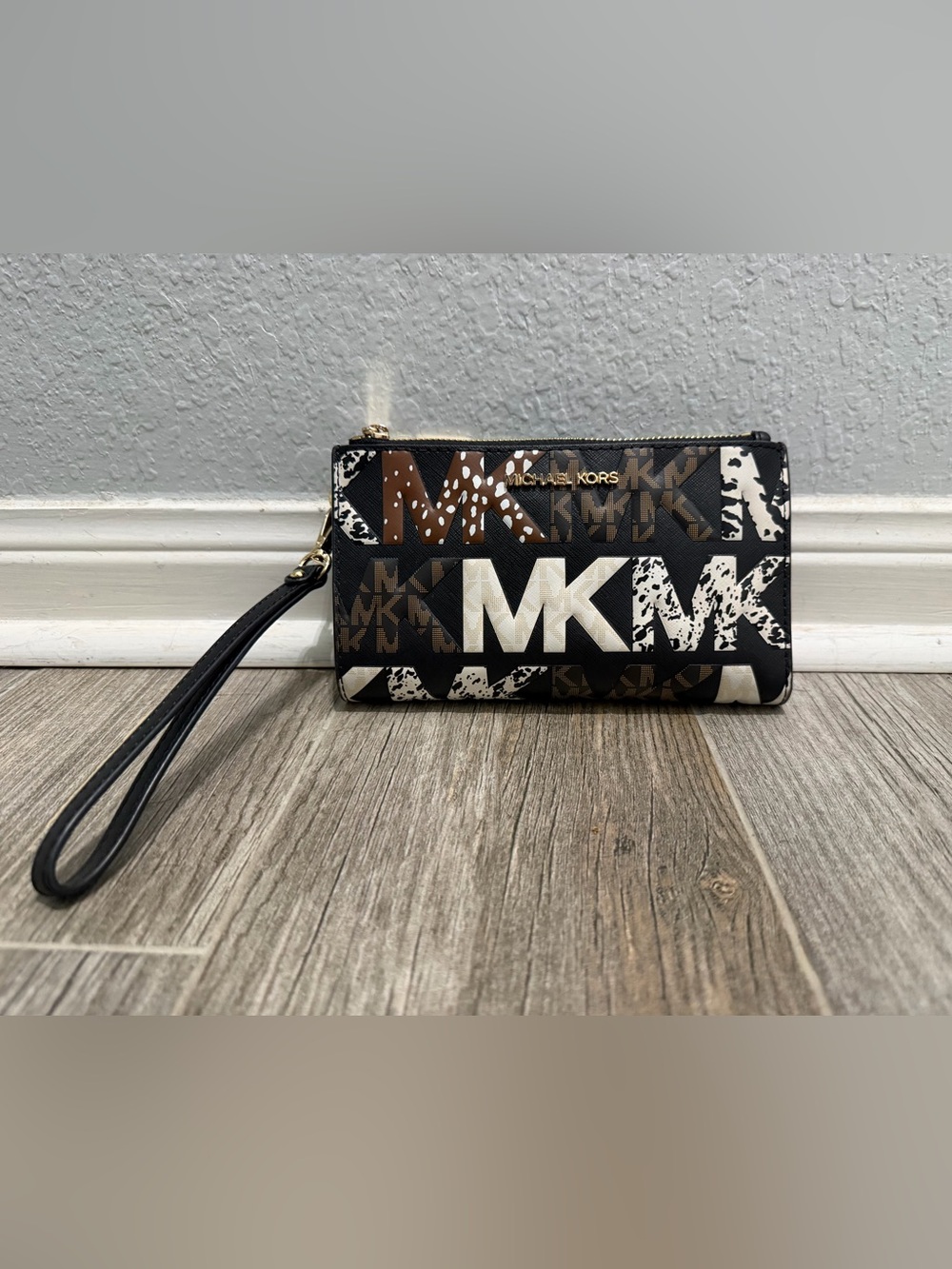 Michael Kors Black Brown & White MK Print Wristlet